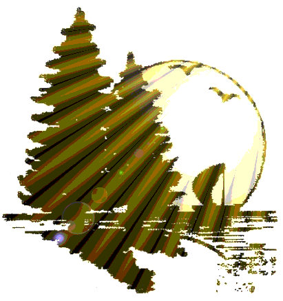A graphic of sunrays beaming on trees