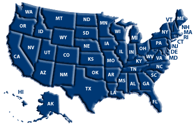 USA map with all of the states labeled and the country is all blue. 