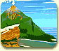 A volcano is erupting in the background
