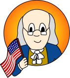 A cartoon of Ben Franklin holding an American Flag