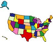 Map of the USA with colored states. 