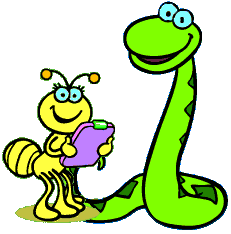 A cartoon of an ant and a snake smiling at the viewer - the ant is holding a notepad
