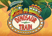 Dinosaur Train logo with a train rolling on the top of it