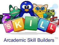 Arcademic Skill Builders and Skill spelled out in blocks held by animals. 